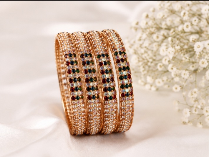 Premium Rose Gold Plated Multicolor Stone Studded Bridal Bangles Set for Women & Girls | Traditional Party Wear Kada Chudi Set
