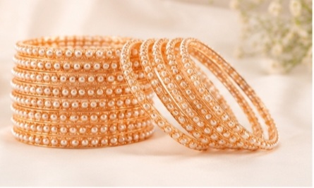 Pearl Studded Gold-Toned Traditional Bangles Set for Women & Girls | Ethnic Wedding Wear Chudi Set - Detail View
