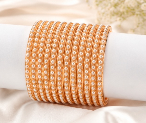Pearl Studded Gold-Toned Traditional Bangles Set for Women & Girls | Ethnic Wedding Wear Chudi Set