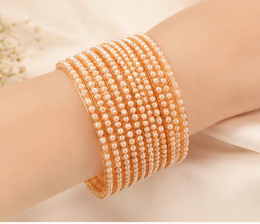 Pearl Studded Gold-Toned Traditional Bangles Set for Women & Girls | Ethnic Wedding Wear Chudi Set - Alternate View