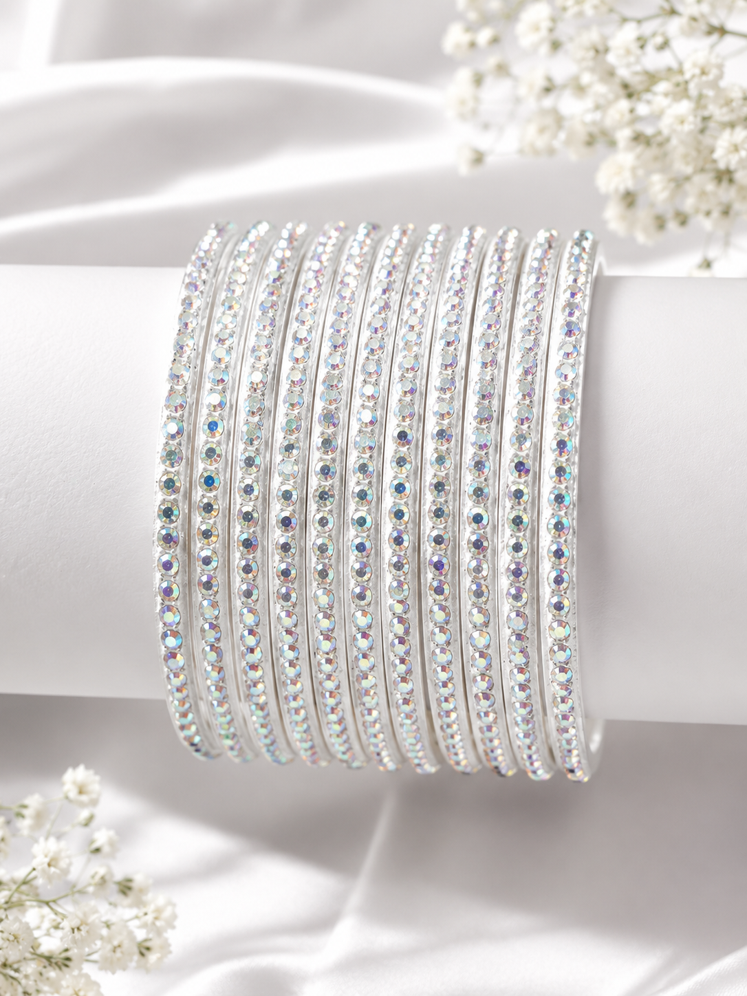 Premium White Crystal Stone Glass Bangles Set for Women & Girls | Elegant Shimmering Bridal & Party Wear Chudi Set (12 Pieces)